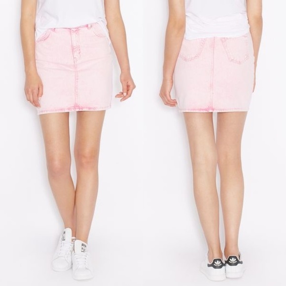 pink acid wash denim skirt